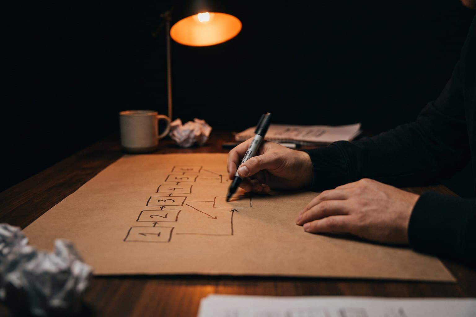 An engineer sketching out the steps of a build