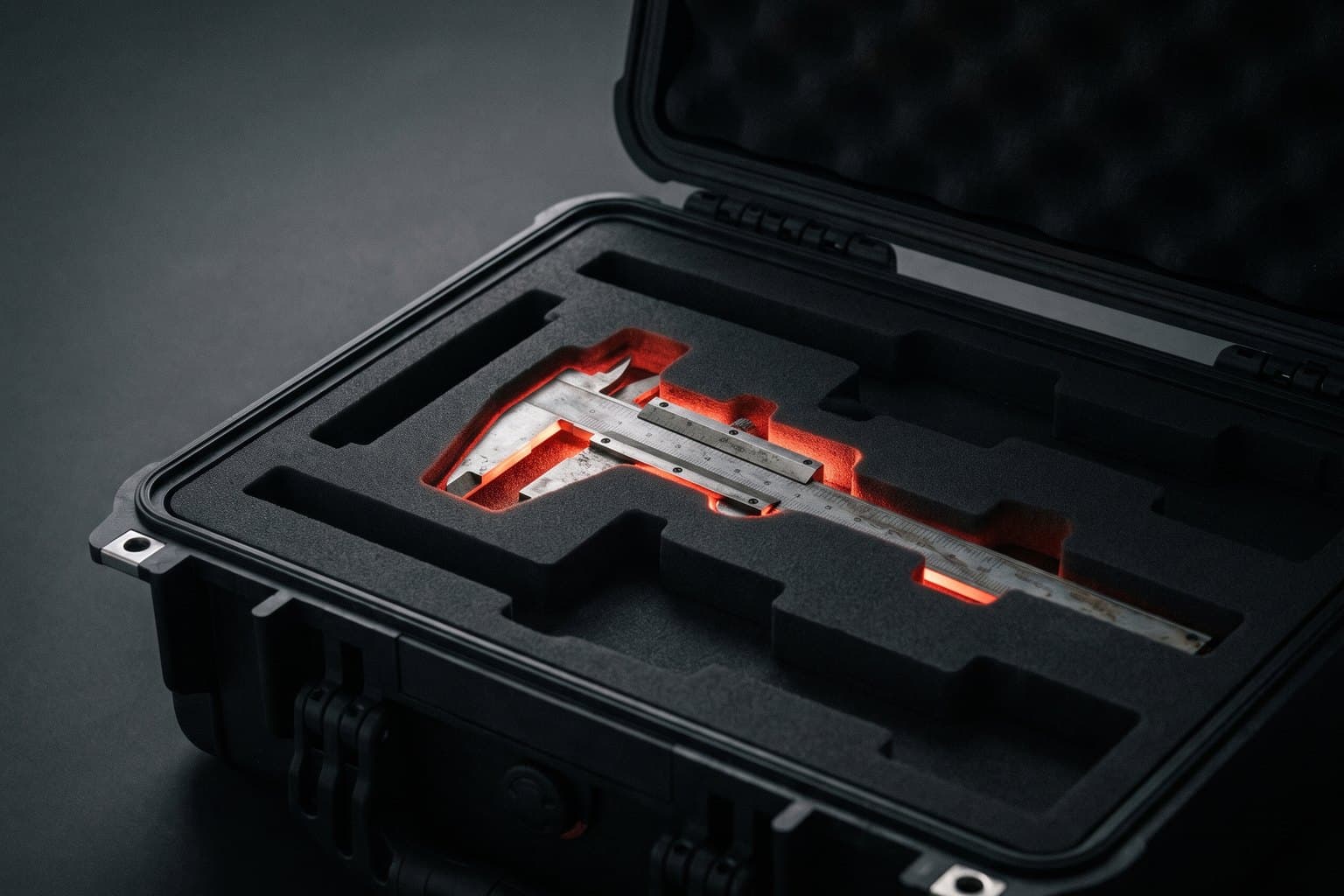 A fitted case with every slot empty but one worn instrument