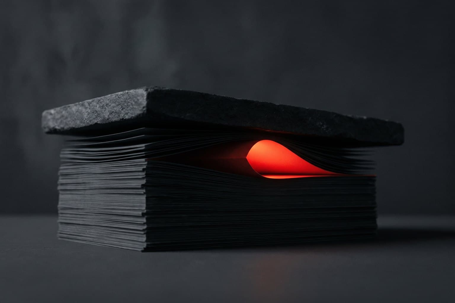 A stack of thin sheets buckling under a heavy slab