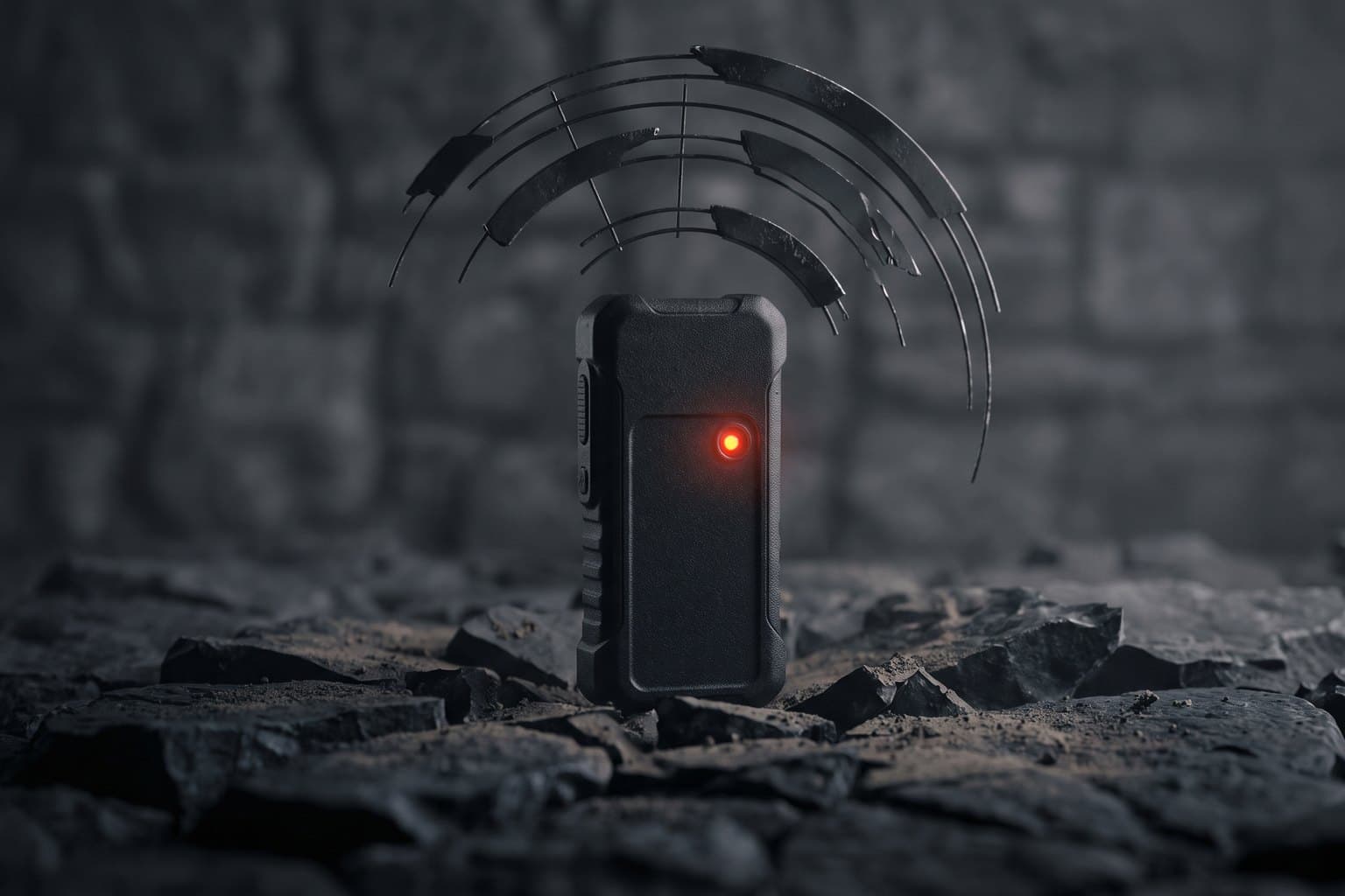 A rugged handheld holding steady under broken signal arcs