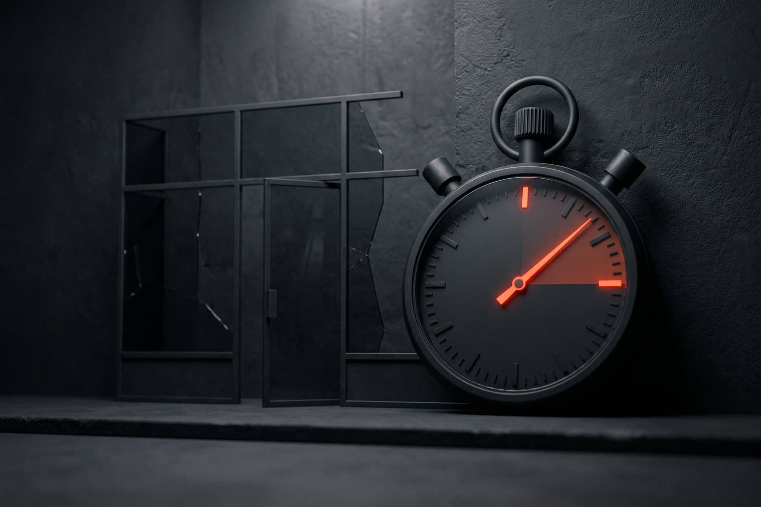 A stopwatch swept past its mark beside an unfinished storefront