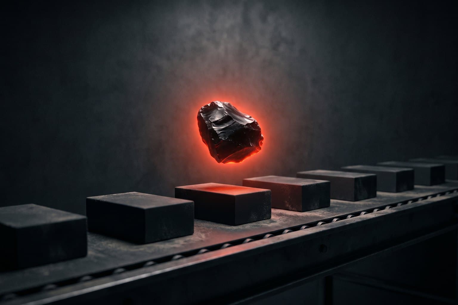 One irregular block lifted clear of a conveyor of identical ones