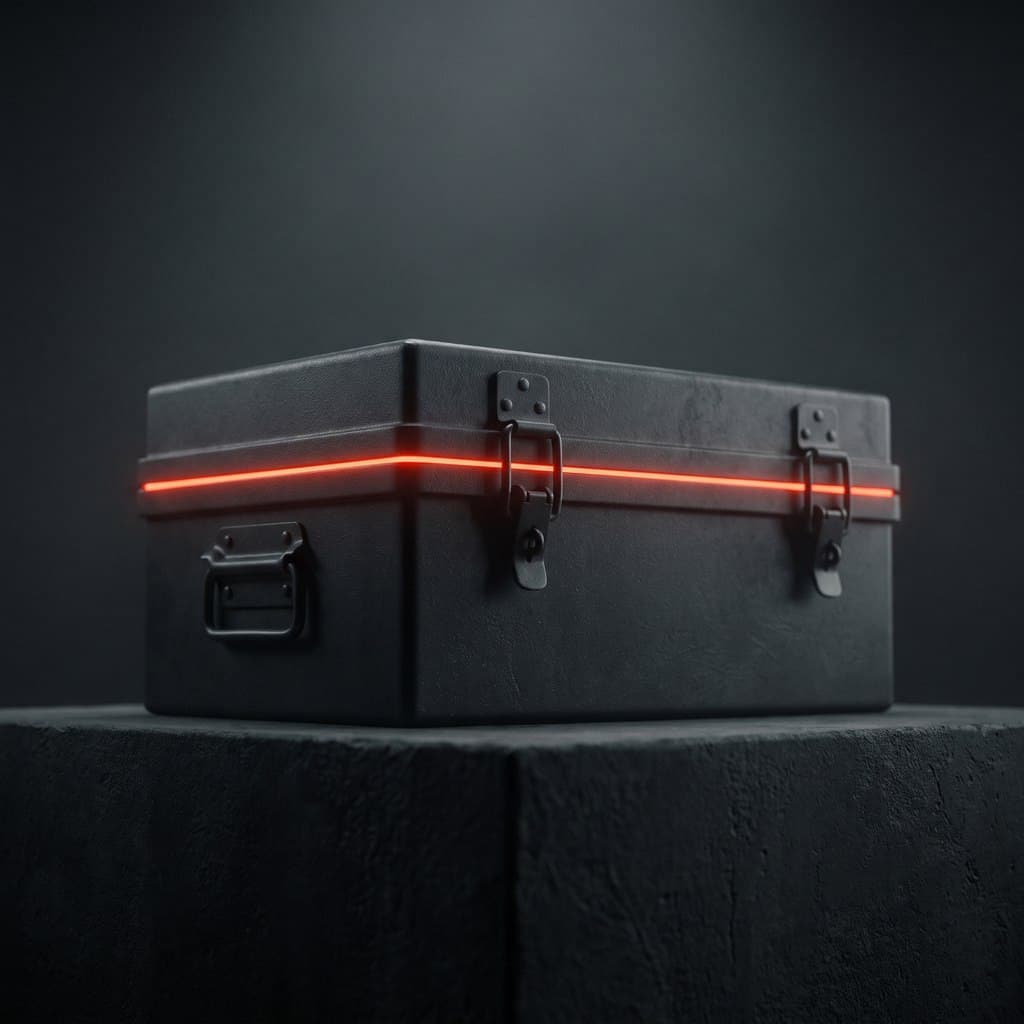 A strongbox closed and latched, one line of light along its seam