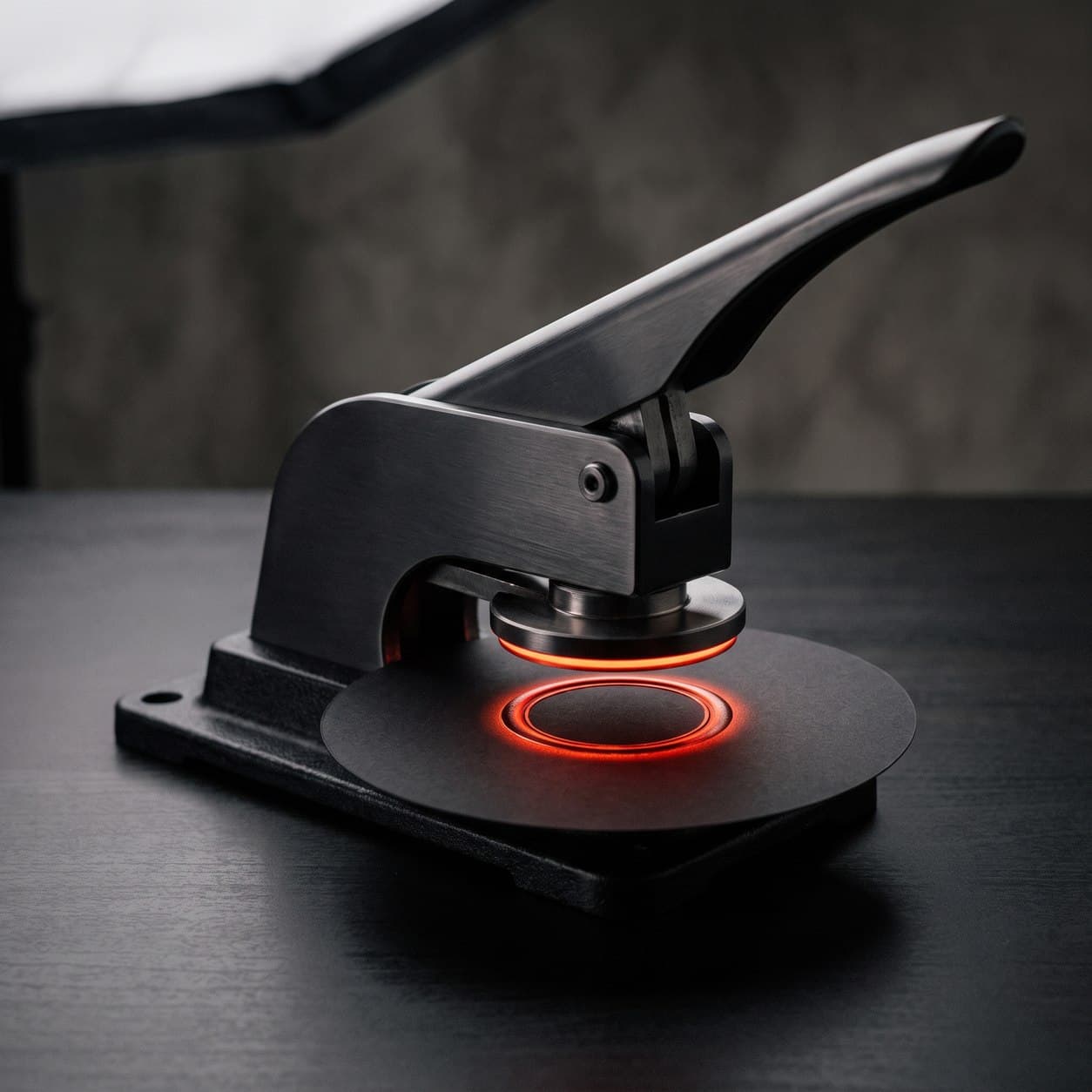 An embossing seal press over the blank disc it has just stamped