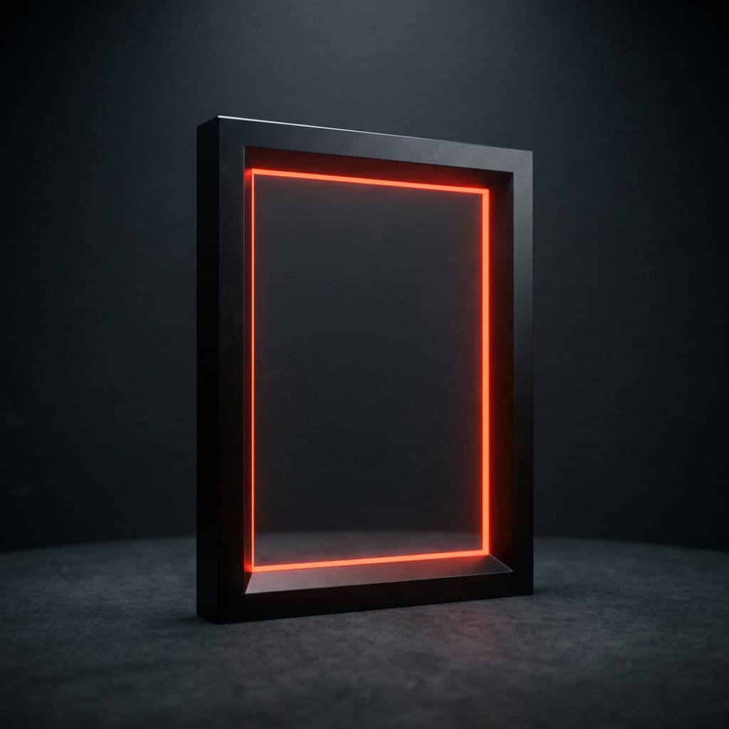 An empty machined frame, its inner edge lit, bounding a clear space