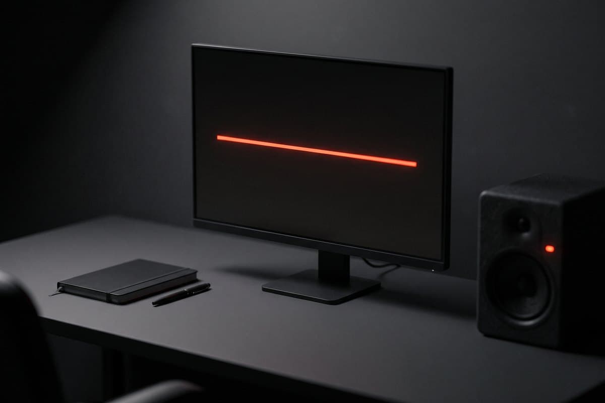 A quiet studio desk at night, one live line on the monitor