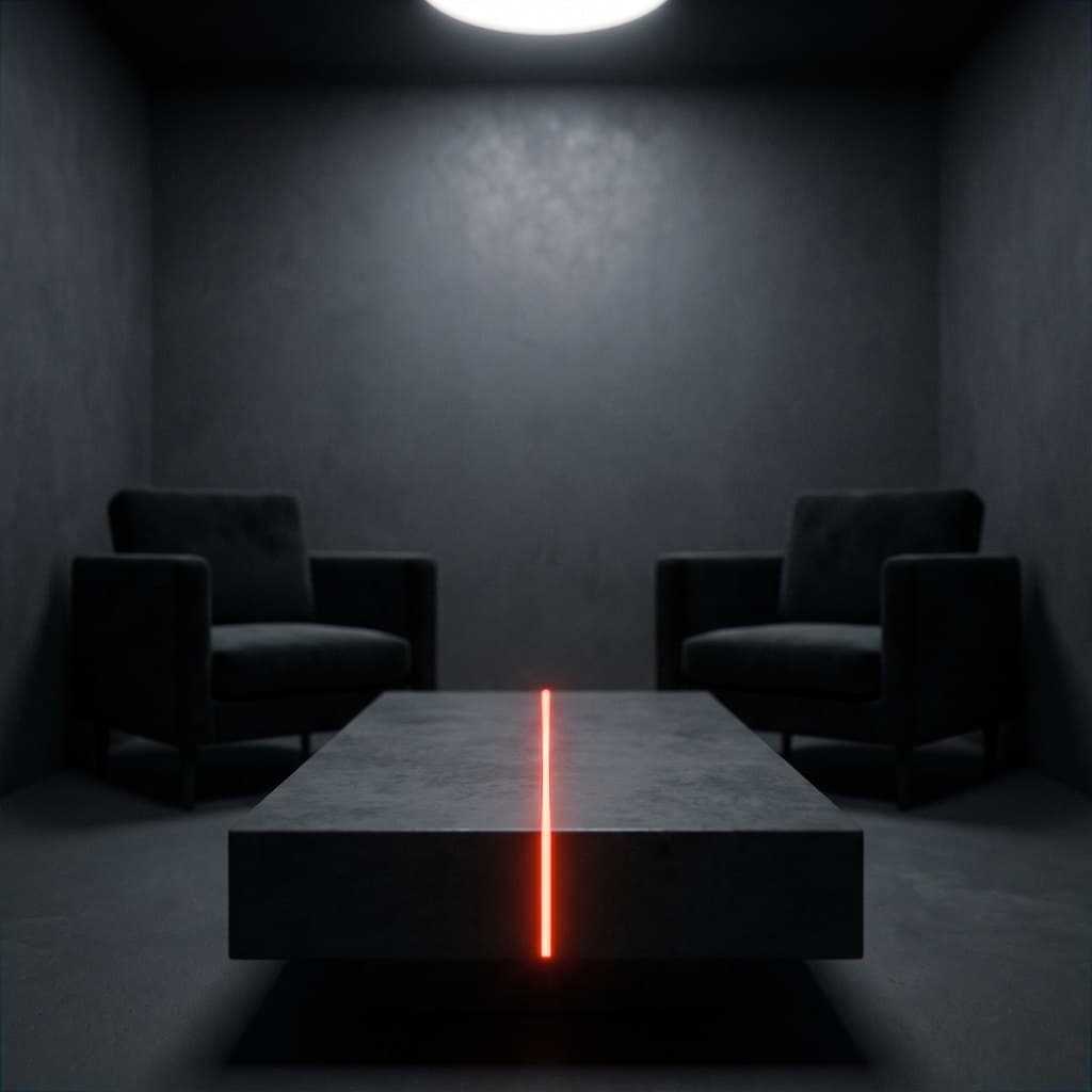 Two chairs across a table with one line of light between them